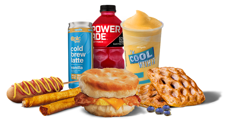 Taquito, corn dog, epic goods cold brew coffee, Powerade fruit punch, ICEE freeze, Bacon, Egg & Cheese Biscuit, two pastries